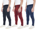 Set of 3 // Fleece Zipper Pockets Joggers // Black + Burgandy + Navy (XL)