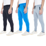 Set of 3 // Fleece Zipper Pockets Joggers // Black + Heather Gray + Blue (2XL)