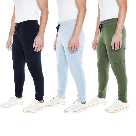 Set of 3 // Fleece Cargo Joggers // Black + Heather Gray + Olive (S)