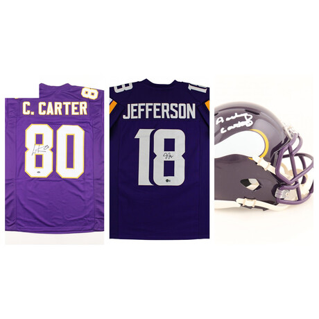 Justin Jefferson Viking Jersey // Cris Carter Viking Jersey + Anthony Carter Vikings  Mini Helmet // Signed