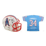 Earl Campbell Career Highlight Stat Jersey Inscribed "HOF 91" + Earl Campbell Oilers Mini Helmet Inscribed "HOF 91" // Signed