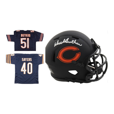 Dick Butkus Bears Jersey, Dick Butkus Bears Eclipse Alternate Speed Mini Helmet  + Gale Sayers Bears Jersey // Signed