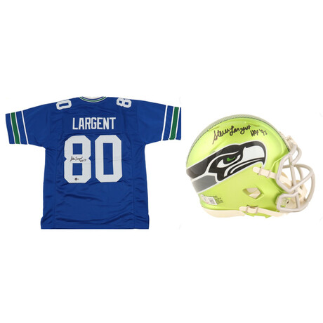 Steve Largent Jersey Inscribed "HOF '95" + Steve Largent  Seahawks Flash Alternate Speed Mini Helmet Inscribed "HOF '95" // Signed