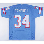Earl Campbell Oilers Jersey Inscribed "HOF 91", Earl Campbell Signed Oilers Photo + Earl Campbell Oilers Throwback Mini Helmet // Signed