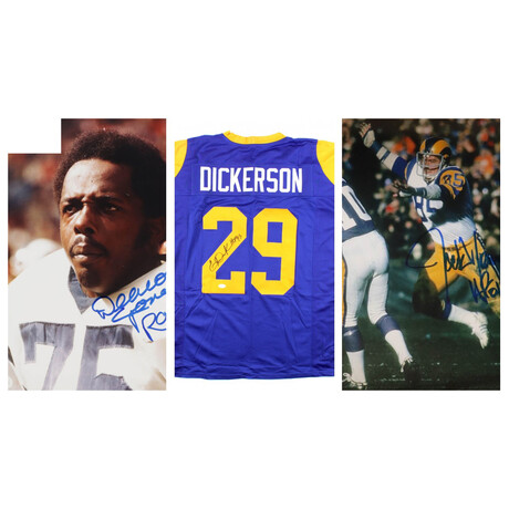 Deacon Jones Rams Photo Inscribed "HOF-80", Eric Dickerson Jersey Inscribed "HOF 99" + Jack Youngblood Rams Photo // Signed