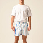 Regular Fit Swim Shorts Striped Print // White + Blue + Light Red (M)