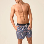 Regular Fit Swim Shorts Boats Print // Sax + White + Black (M)