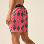 Regular Fit Swim Shorts Cactus Print // Fuschia + Black (L)