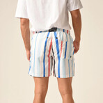 Regular Fit Swim Shorts Striped Print // White + Blue + Light Red (S)