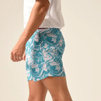 Regular Fit Swim Shorts Swirls Print // Turquoise + White (2XL)