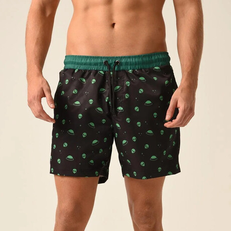 Regular Fit Swim Shorts Alien Print // Black + Green (S)