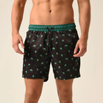 Regular Fit Swim Shorts Alien Print // Black + Green (M)