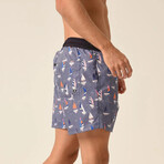 Regular Fit Swim Shorts Boats Print // Sax + White + Black (2XL)