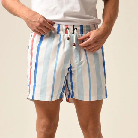 Regular Fit Swim Shorts Striped Print // White + Blue + Light Red (S)