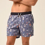 Regular Fit Swim Shorts Boats Print // Sax + White + Black (M)