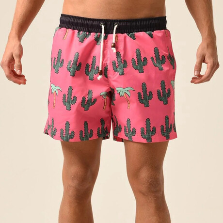 Regular Fit Swim Shorts Cactus Print // Fuschia + Black (S)