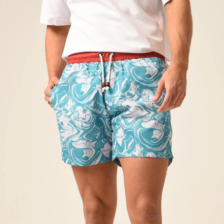 Regular Fit Swim Shorts Swirls Print // Turquoise + White (S)