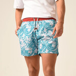 Regular Fit Swim Shorts Swirls Print // Turquoise + White (XL)