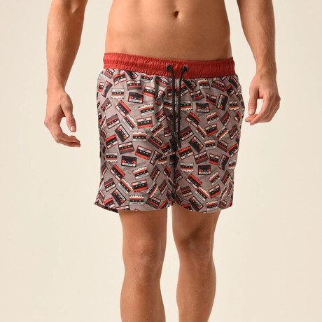 Regular Fit Swim Shorts Cassettes Print // Gray + Orange (S)