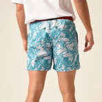 Regular Fit Swim Shorts Swirls Print // Turquoise + White (XL)