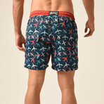 Regular Fit Swim Shorts Airplane Print // Indigo + Orange (2XL)