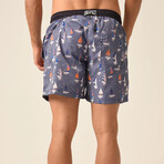 Regular Fit Swim Shorts Boats Print // Sax + White + Black (M)