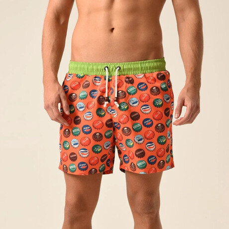 Regular Fit Swim Shorts Corks Print // Orange + Green (S)