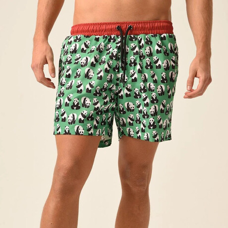 Regular Fit Swim Shorts Pandas Print // Green + Orange (S)