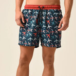 Regular Fit Swim Shorts Airplane Print // Indigo + Orange (L)