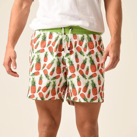 Regular Fit Swim Shorts Pinapples Print  // White + Green (S)