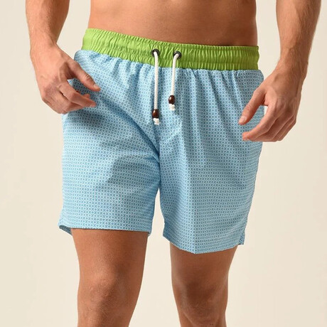 Regular Fit Swim Shorts Circles Print  // Light Blue + Green (S)