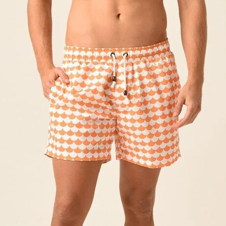 Regular Fit Swim Shorts Waves Print // White + Light Orange (S)