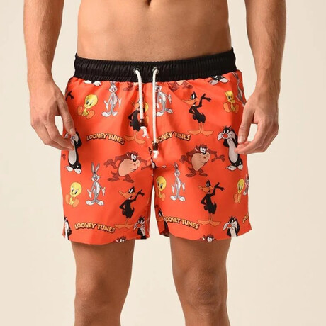 Regular Fit Swim Shorts Looney Tunes Print // Orange + Black (S)