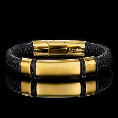 Polished Gold Plated Stainless Steel ID Plate + Leather Cuff ID Bracelet // 8.75"