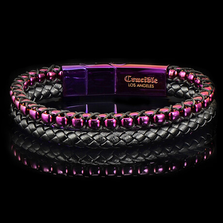 Polished Purple Plated Stainless Steel Box Chain + Leather Cuff Bracelet // 8.5"