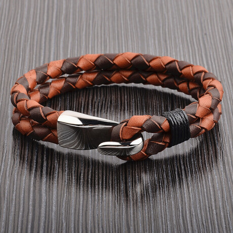 Braided Brown Leather Steel Hook Clasp Cuff Bracelet // 8.5"