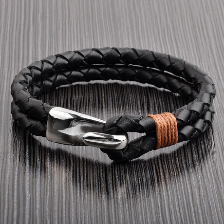 Braided Black Leather Steel Hook Clasp Cuff Bracelet // 8.5"