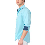 Chain Cuff's & Plaket Detail Button Up Shirt // Turquoise + Navy (2XL)