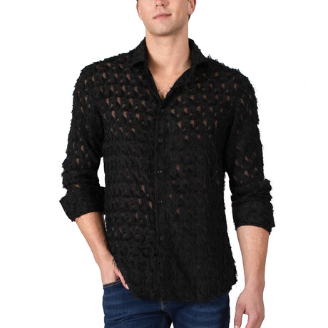 Sheer Embroidered Button Up Shirt // Black (S)