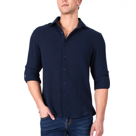 Textured Button Up Shirt // Navy (S)