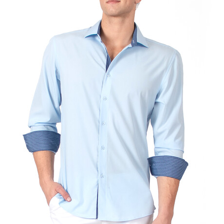 Geometric Pattern Cuff's & Plaket Detail Button Up Shirt // Ligh Blue + Blue (S)