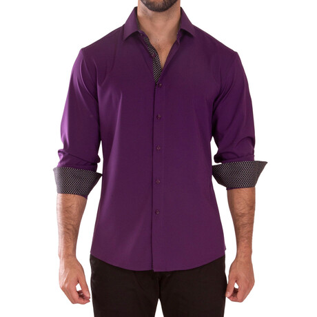 Leaf Pattern Cuff's & Plaket Detail Button Up Shirt // Purple + Black (S)