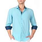 Chain Cuff's & Plaket Detail Button Up Shirt // Turquoise + Navy (2XL)