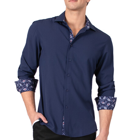 Paisley Cuff's & Plaket Detail Button Up Shirt // Navy + Navy (S)