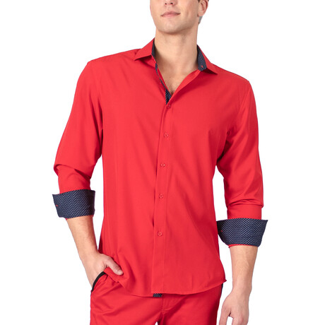 Dot Cuff's & Plaket Detail Button Up Shirt // Red + Navy (S)