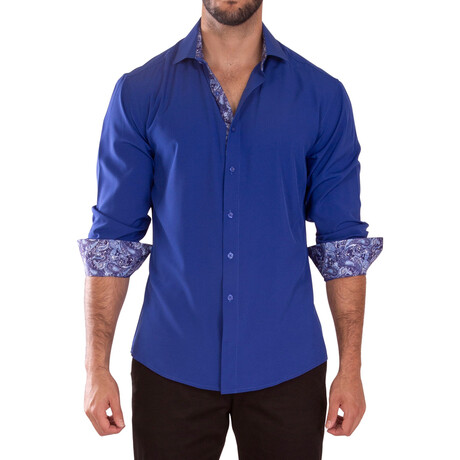 Paisley Cuff's & Plaket Detail Button Up Shirt // Royal Blue + Blue (S)