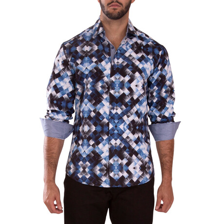 Geometric Cuff's & Plaket Detail Button Up Shirt // Mutlicolor + Blue (S)