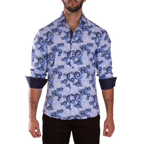 Fleur de Lis Cuff's & Plaket Detail Button Up Shirt // Multicolor + Navy (S)