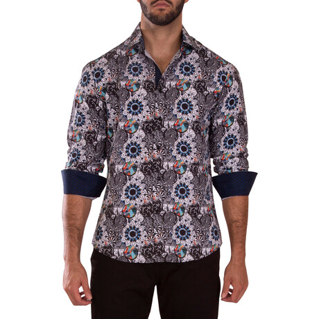 Geometric Cuff's & Plaket Detail Button Up Shirt // Multicolor + Navy (S)