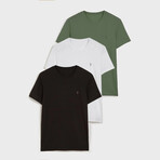 Set of 3 // Crewneck Regular Fit T-Shirts // Olive + White + Black (M)